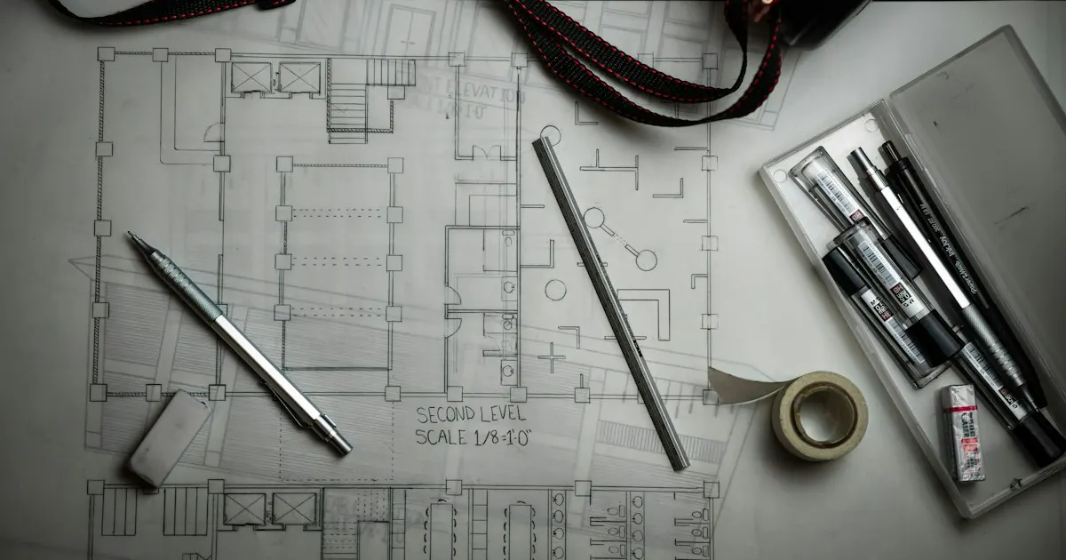 Architectural blueprint plans with drafting pencils and a metal ruler