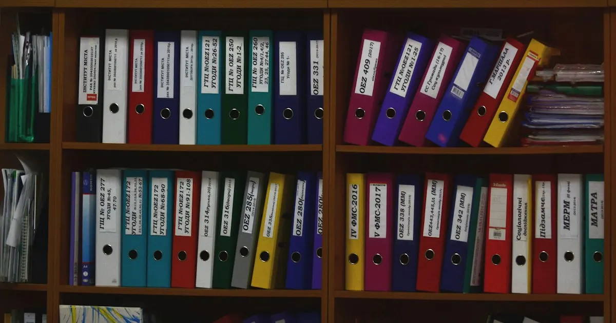 Rows of labeled ring binders organized on office shelves