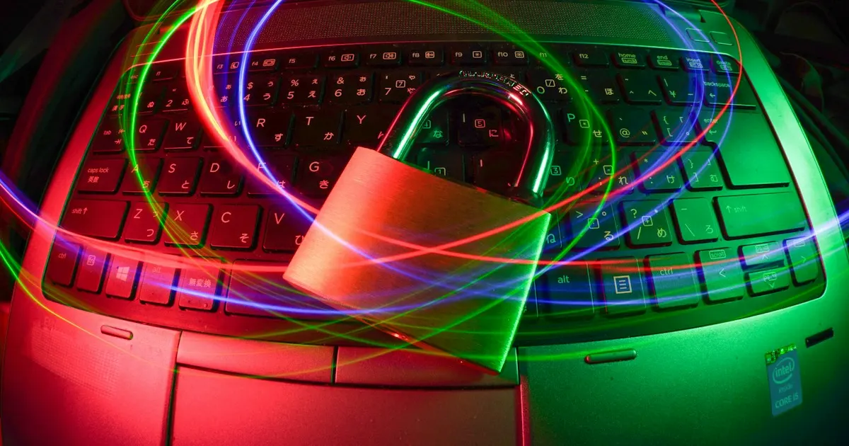 A padlock on a laptop keyboard surrounded by colorful light trails