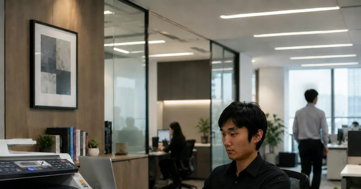 A man typing on a laptop in a modern glass-walled office